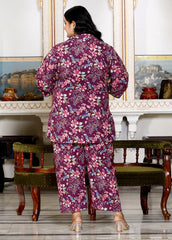 Plus Size Purple Cotton Floral Print Co-ord Set -1200013