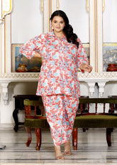 Plus Size Pink Cotton Floral Print Co-ord Set -1200014