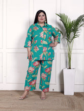Plus Size Green Cotton Floral Print Co-ord Set -1200030