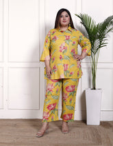 Plus Size Yellow Cotton Floral Print Co-ord Set -1200032