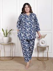 Plus Size Blue Cotton Blend Floral Print Co-ord Set -1200035