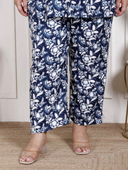 Plus Size Blue Cotton Blend Floral Print Co-ord Set -1200035