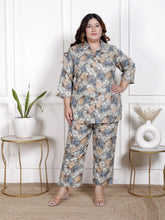 Plus Size Grey Cotton Blend Floral Print Co-ord Set -1200036