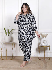 Plus Size Black Cotton Blend  Floral Print Co-ord Set -1200037