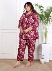 Plus Size Maroon Cotton Blend Floral Print Co-ord Set -1200039