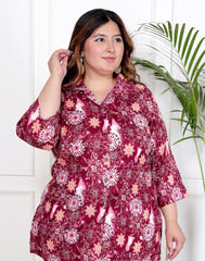 Plus Size Maroon Cotton Blend Floral Print Co-ord Set -1200039