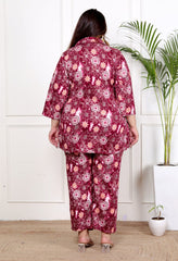 Plus Size Maroon Cotton Blend Floral Print Co-ord Set -1200039