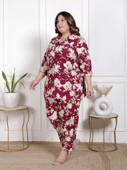 Plus Size Maroon Cotton Blend Floral Print Co-ord Set -1200041