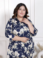 Plus Size Blue Cotton Floral Print Co-ord Set -1200042