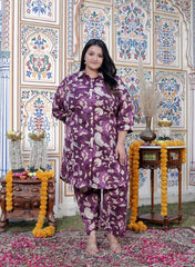 Plus Size Purple Cotton Floral Print Co-ord Set -120043