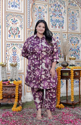 Plus Size Purple Cotton Floral Print Co-ord Set -120043