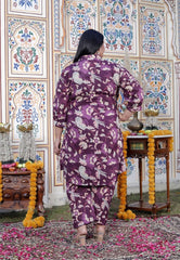 Plus Size Purple Cotton Floral Print Co-ord Set -120043