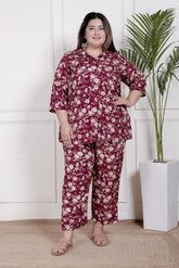 Plus Size Maroon Poly crepe Floral Print Co-ord Set -120045