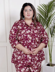 Plus Size Maroon Poly crepe Floral Print Co-ord Set -120045