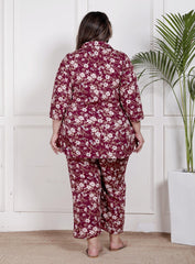 Plus Size Maroon Poly crepe Floral Print Co-ord Set -120045