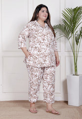Plus Size White Poly crepe Floral Print Co-ord Set -120046
