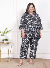 Plus Size Black Poly crepe Floral Print Co-ord Set -120047