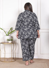 Plus Size Black Poly crepe Floral Print Co-ord Set -120047