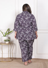 Plus Size Purple Poly crepe Floral Print Co-ord Set -120048