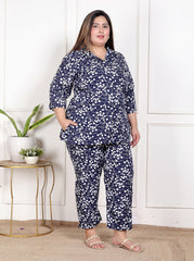 Plus Size Blue Poly crepe Floral Print Co-ord Set -120049