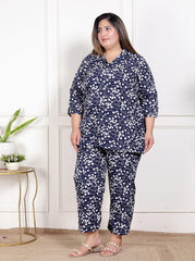 Plus Size Blue Poly crepe Floral Print Co-ord Set -120049