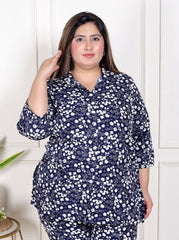 Plus Size Blue Poly crepe Floral Print Co-ord Set -120049