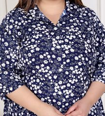 Plus Size Blue Poly crepe Floral Print Co-ord Set -120049