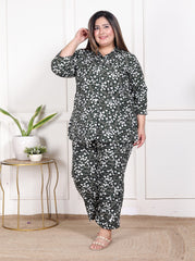 Plus Size Green Poly crepe Floral Print Co-ord Set -120050