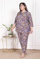 Plus Size Maroon Poly crepe Floral Print Co-ord Set -120051