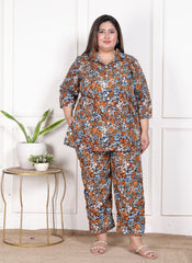 Plus Size Blue Poly crepe Floral Print Co-ord Set -120052
