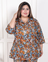 Plus Size Blue Poly crepe Floral Print Co-ord Set -120052