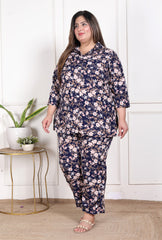 Plus Size Blue Poly crepe Floral Print Co-ord Set -120053