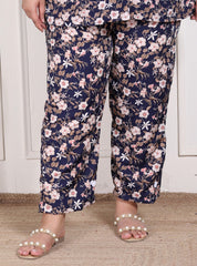 Plus Size Blue Poly crepe Floral Print Co-ord Set -120053