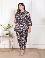 Plus Size Black Poly crepe Floral Print Co-ord Set -120054