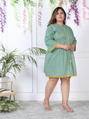 Plus Size Printed Women Green Tunic Dress-1300003