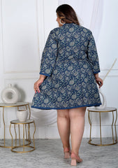 Plus Size Printed Women Navy Blue Tunic Dress-1300006