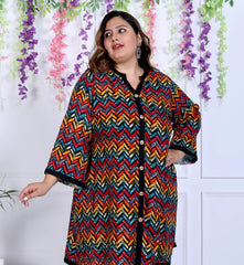 Plus Size Zig Zag Print Cotton Blend Black Tunic Dress-1300008