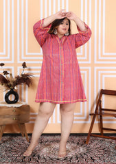 Plus Size Printed Women Pink Tunic Dress-1300011