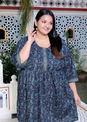 Plus Size Printed Women  Blue Tunic Dress-130022