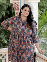 Plus Size Printed Women  Blue Tunic Dress-130023