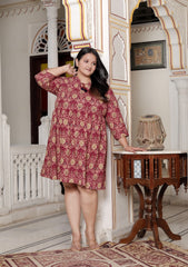 Plus Size Printed Women Maroon Tunic Dress-130024