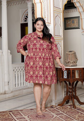Plus Size Printed Women Maroon Tunic Dress-130024