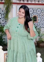 Plus Size Printed Women  Green Tunic Dress-130025