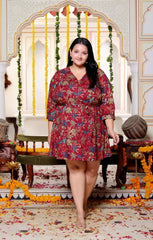 Plus Size Printed Women Maroon Tunic Dress-130026