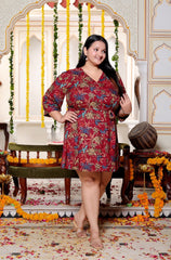 Plus Size Printed Women Maroon Tunic Dress-130026