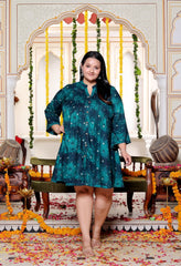 Plus Size Printed Women Teal Blue Tunic Dress-130028