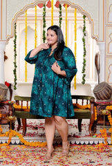Plus Size Printed Women Teal Blue Tunic Dress-130028