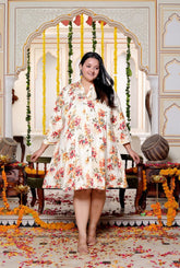 Plus Size Printed Women Off White Tunic Dress-130029