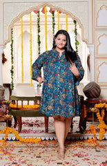 Plus Size Printed Women Teal Blue Tunic Dress-130030