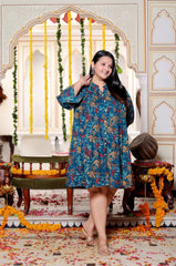 Plus Size Printed Women Teal Blue Tunic Dress-130030